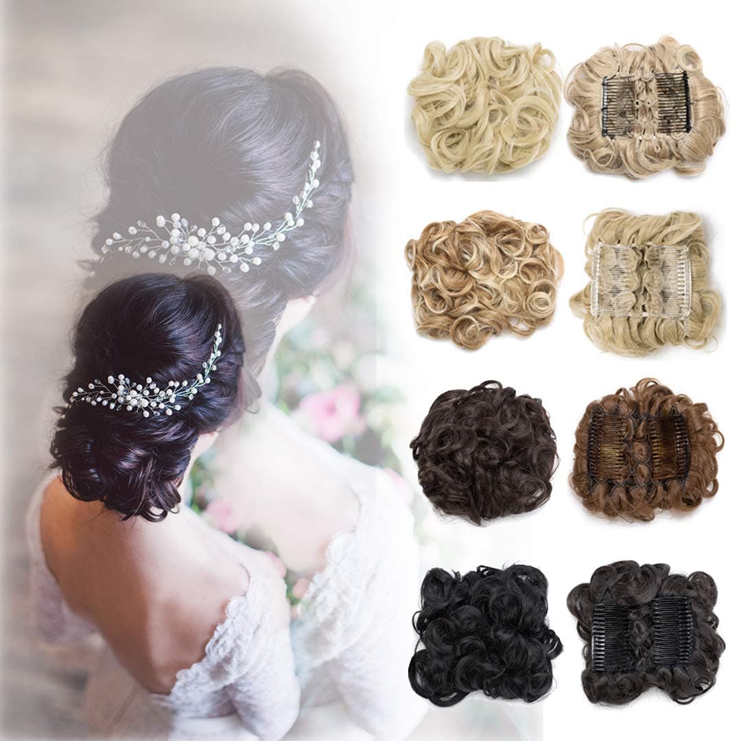 Benehair Messy Bun Hair Piece with Combs Clip in Bun Scrunchie Juva Bun Dish Fluffy Wavy Hair Updo Easy Stretch Big Chignon Short Ponytail Hairpiece for Women Brownish Black 90g