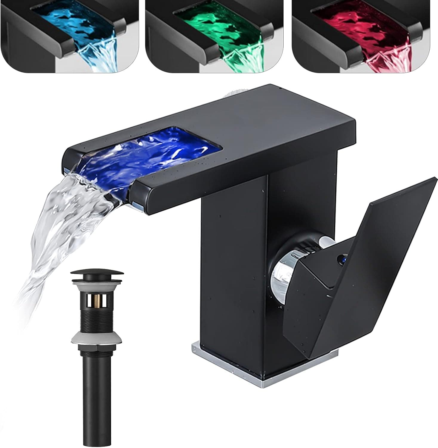 Bathroom Faucet Led Light RGB Waterfall Spout Black Lavatory Vanity Sink Faucet 3 Colors Changing One Hole Handle Matching Drain Assembly with Overflow Bath Basin Deck Mount Commercial Modern