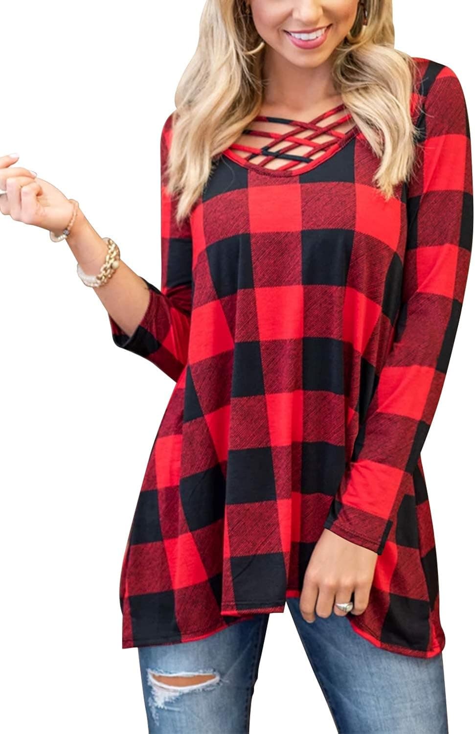 Blooming Jelly Womens Plaid T Shirt Long Sleeve V Neck Criss Cross Casual Tunic Top(M,Red)