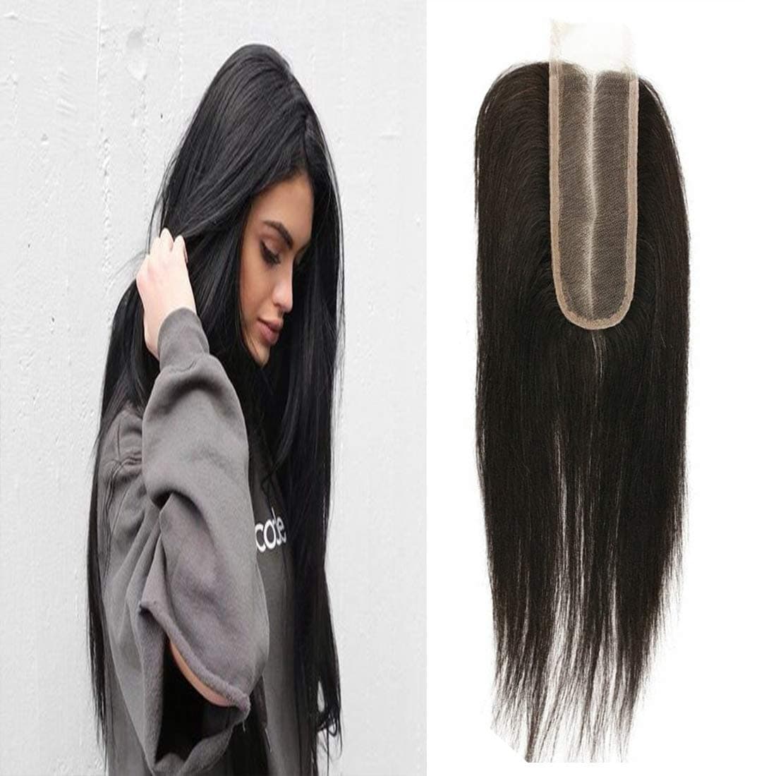 2x6 Lace Closure Human Hair straight Wave Brazilian Virgin Remy Hair deep Middle Part Closure With Baby Hair Natural Color（14 closure）