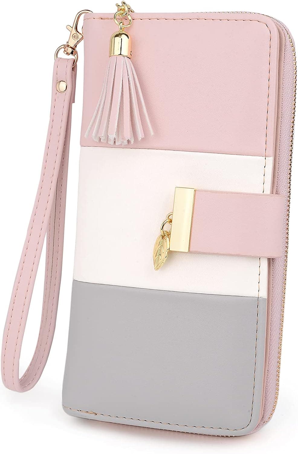 UTO Wristlet Wallet for Women Tricolor PU Leather Golden Leaf Pendant Tassel Zipper Wrist Purse Fit for Card Cash Cellphone