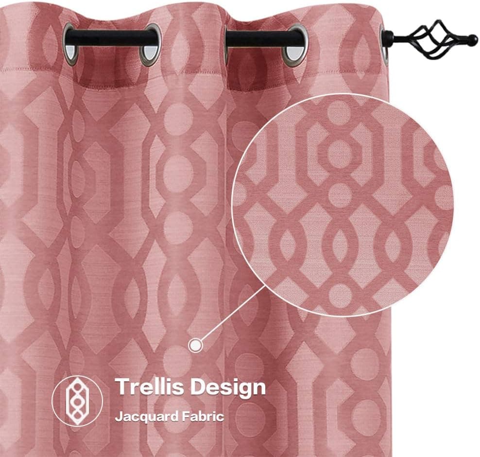 Curtains for Living Room Trellis Geometric Pattern White Semi Sheer Window Curtains for Bedroom Jacquard Curtains Privacy Opaque Window Treatment Set, Grommet Top, 2 Panels, 63" Long, Red