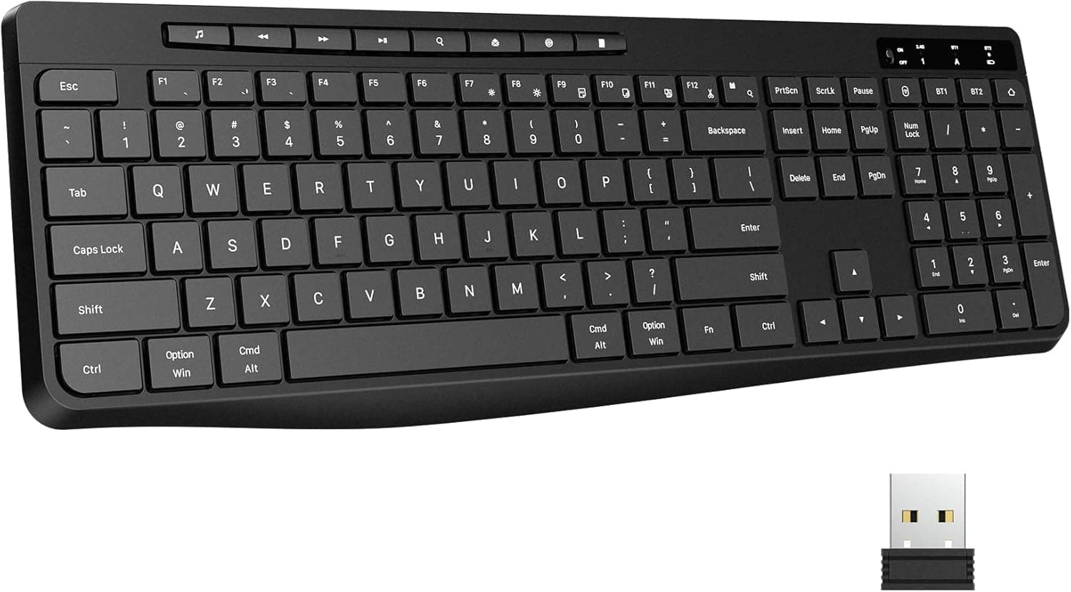 Lovaky Wireless Keyboard Multi-Device, 2.4G & Dual Bluetooth Computer Keyboard with 8 Multimedia Keys, Ergonomic Full-Size PC Keyboard, Compatible with PC, Laptop