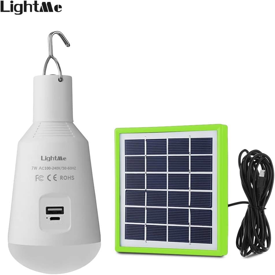 LightMe Portable Solar Led Light Bulb, 7W E27 Base Charged Solar Energy Lamp Rechargeable Emergency Lights for Outdoor Indoor Camping Tent Lighting (White-7W)