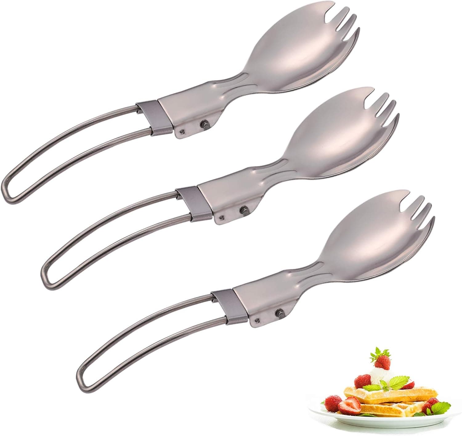 JINGYUANUS Folding Spoon, Lightweight Outdoor Spork Stainless Steel Spork, Camping Traveller Sporks, Camping Cutlery Multi-Functional Folding Fork for Hiking Survival Camping Travel（3 Pack)