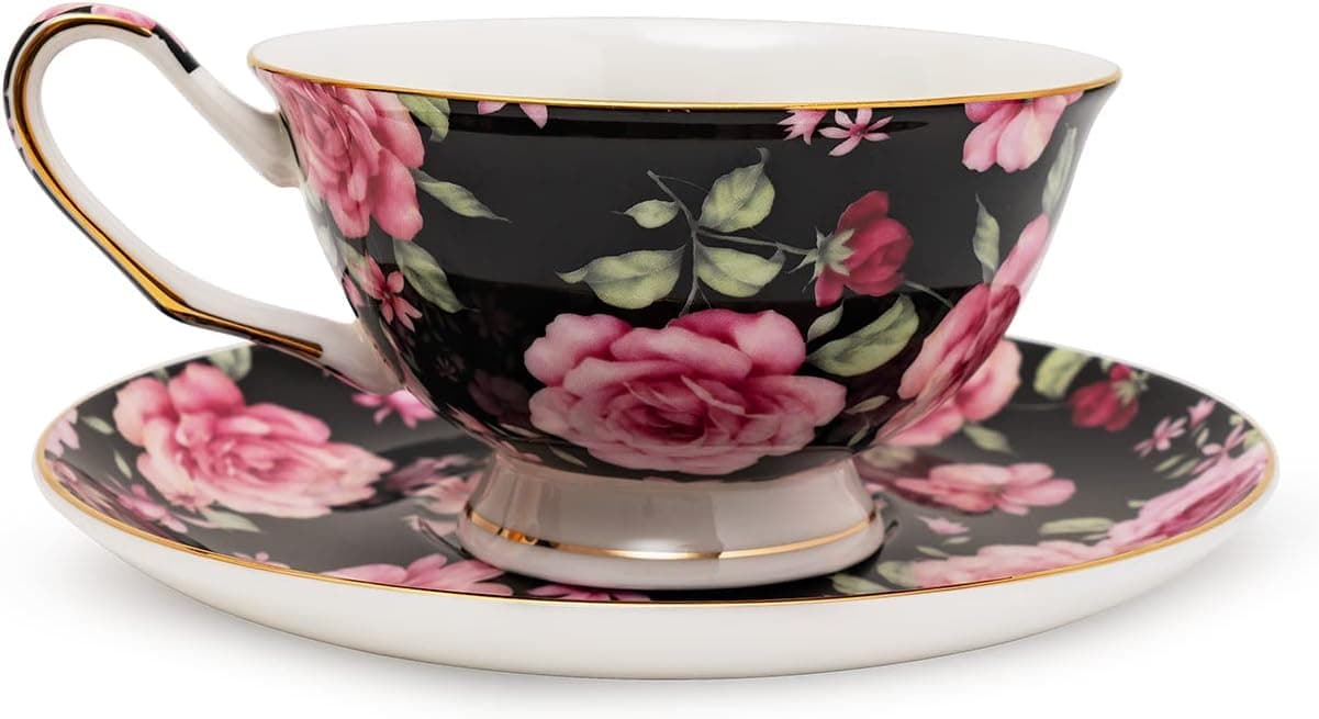 YUESITE Floral Tea Cups and Saucers, Floral Coffee Cups, Floral Tea Cup Set, Rose Tea Cups, Porcelain Tea Set, Tea Sets for Women