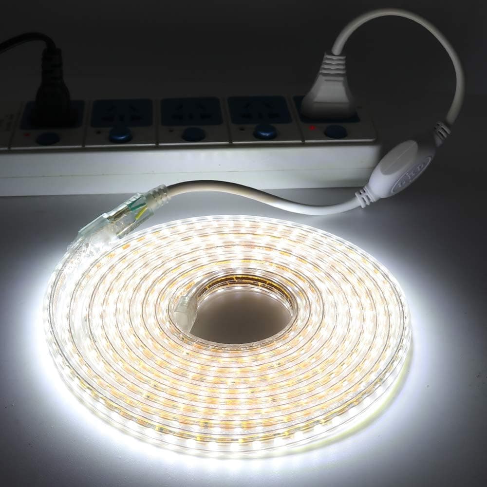 XUNATA LED Light Strip Kit, AC 110-130V Flexible Waterproof Rope Lights, SMD 5050 60 LEDs/M for Indoor Outdoor Commercial Lighting, Accessories Included (White, 23ft/7m)