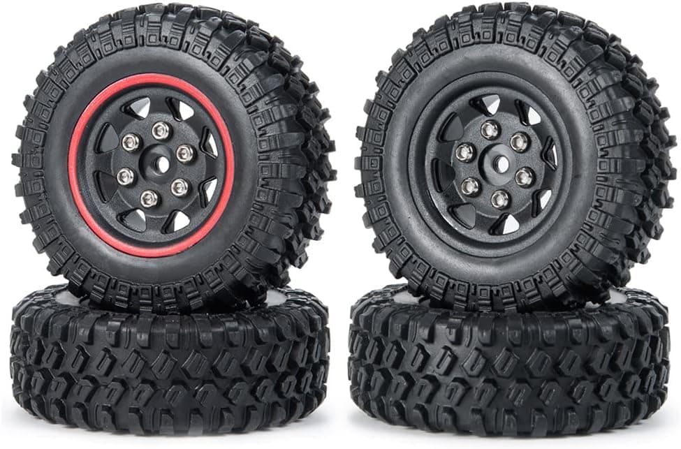 RC-Hub 4Pcs 1.0" Beadlock Wheels and Tires for 1/24 Axial SCX24 AXI90081 AXI00001 AXI00002 Deadbolt RC Crawler Car (Red)