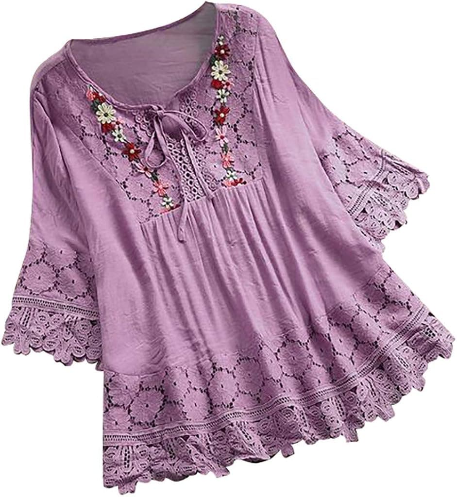 Aniywn Women Round Neck Lace Up Lace Patchwork Flare Pullover Top Casual Plus Size 3/4 Sleeve Floral Printed T-Shirt