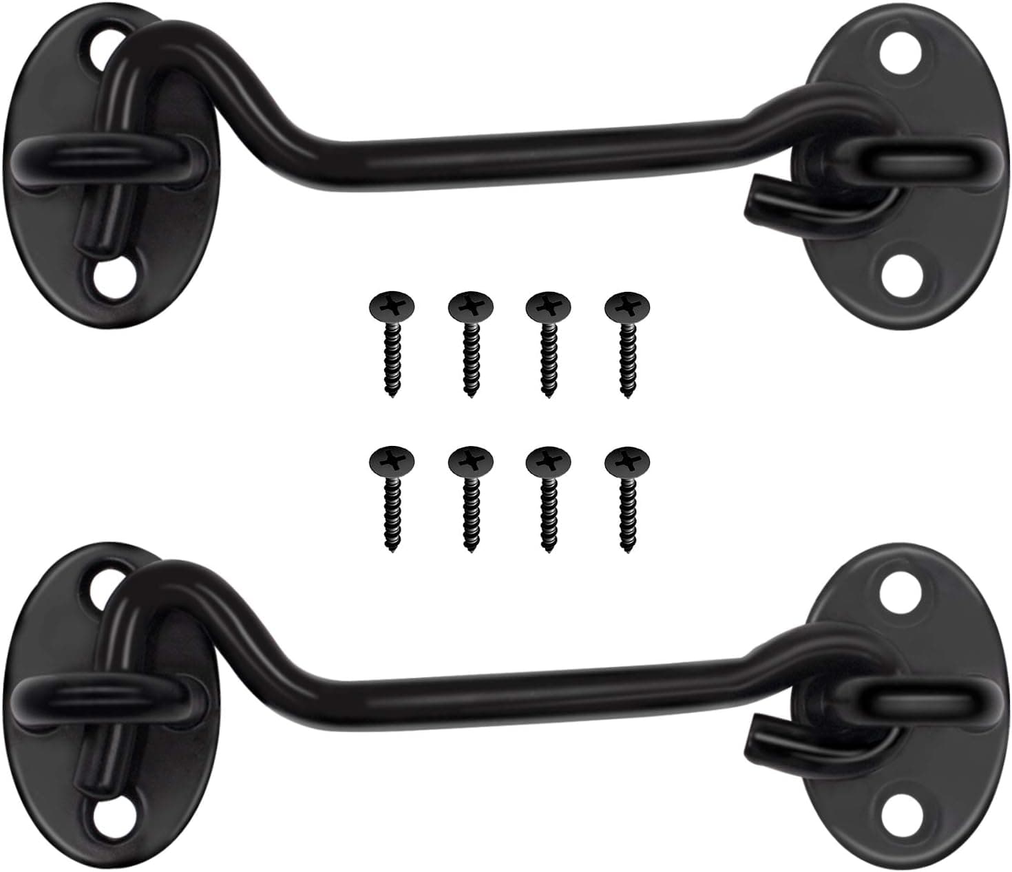 OYU Hook and Eye Latch, 2 pcs 4” Stainless Steel Barn Door Lock & Door Latch with 4 Mounting Screws, Heavy Duty Solid Thicken Barn Door Latch, Latch Lock for Gate Window Fence Cabinet Garage (Black)