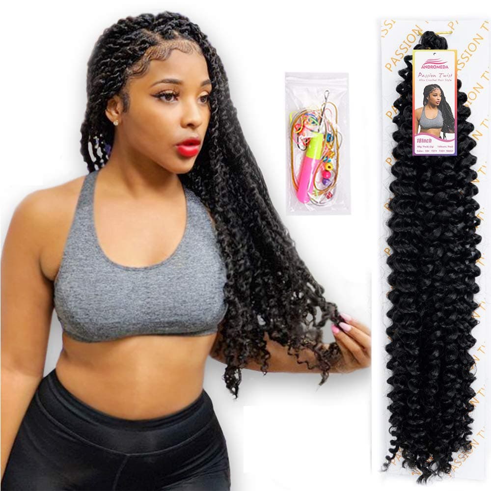 6Pcs Passion Twist Natural Black Synthetic Hair for Black Women Andromeda 18 Inch Soft Long Braids Passion Twist Crochet Braiding Hair Extensions with 5 Free Gift (1B)
