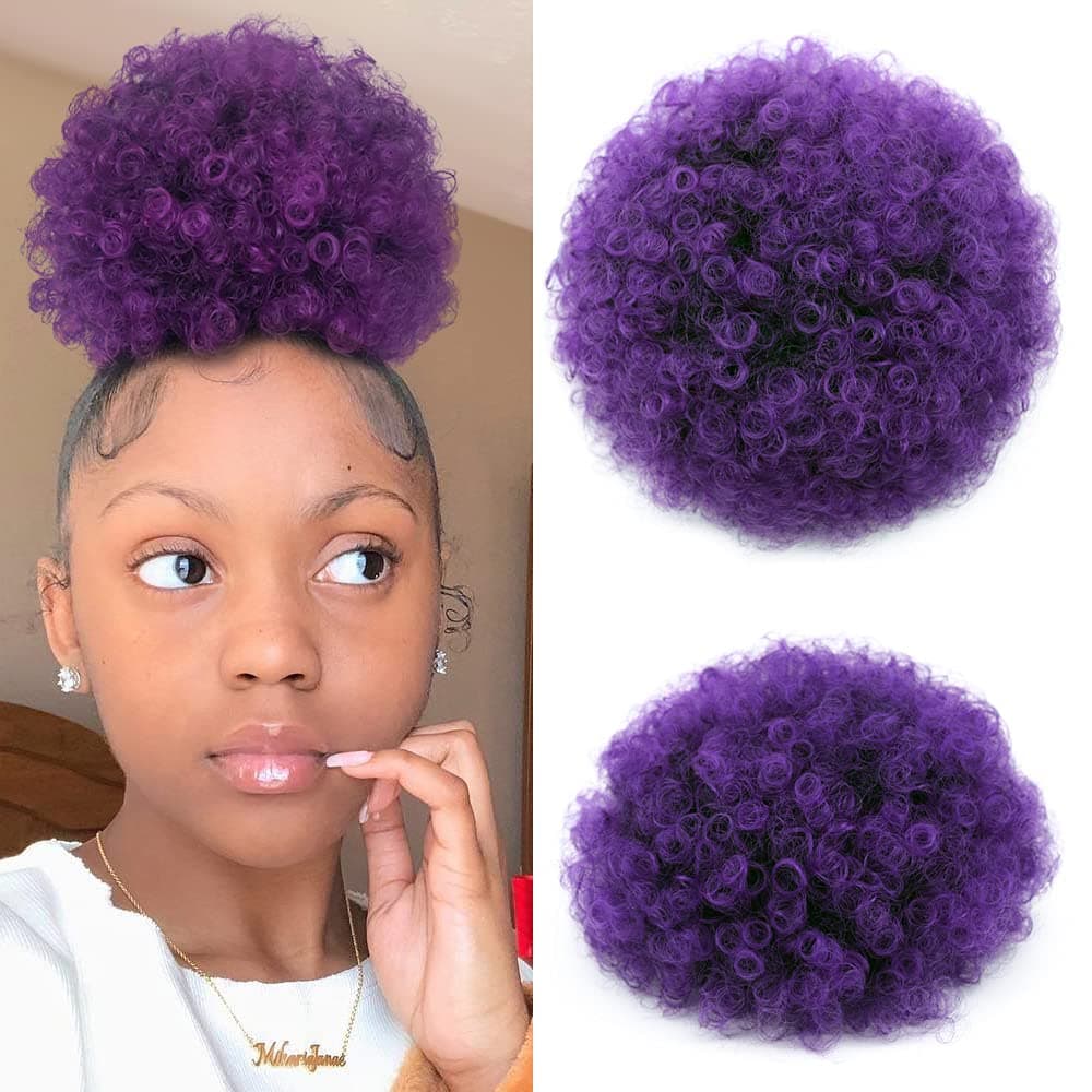 KGBFASS Afro Puff Drawstring Ponytail for Black Women Purple High Puffs Kinky Curly Bun Hair Pieces Synthetic Short Clip in Hair Extensions(1B/Purple#)