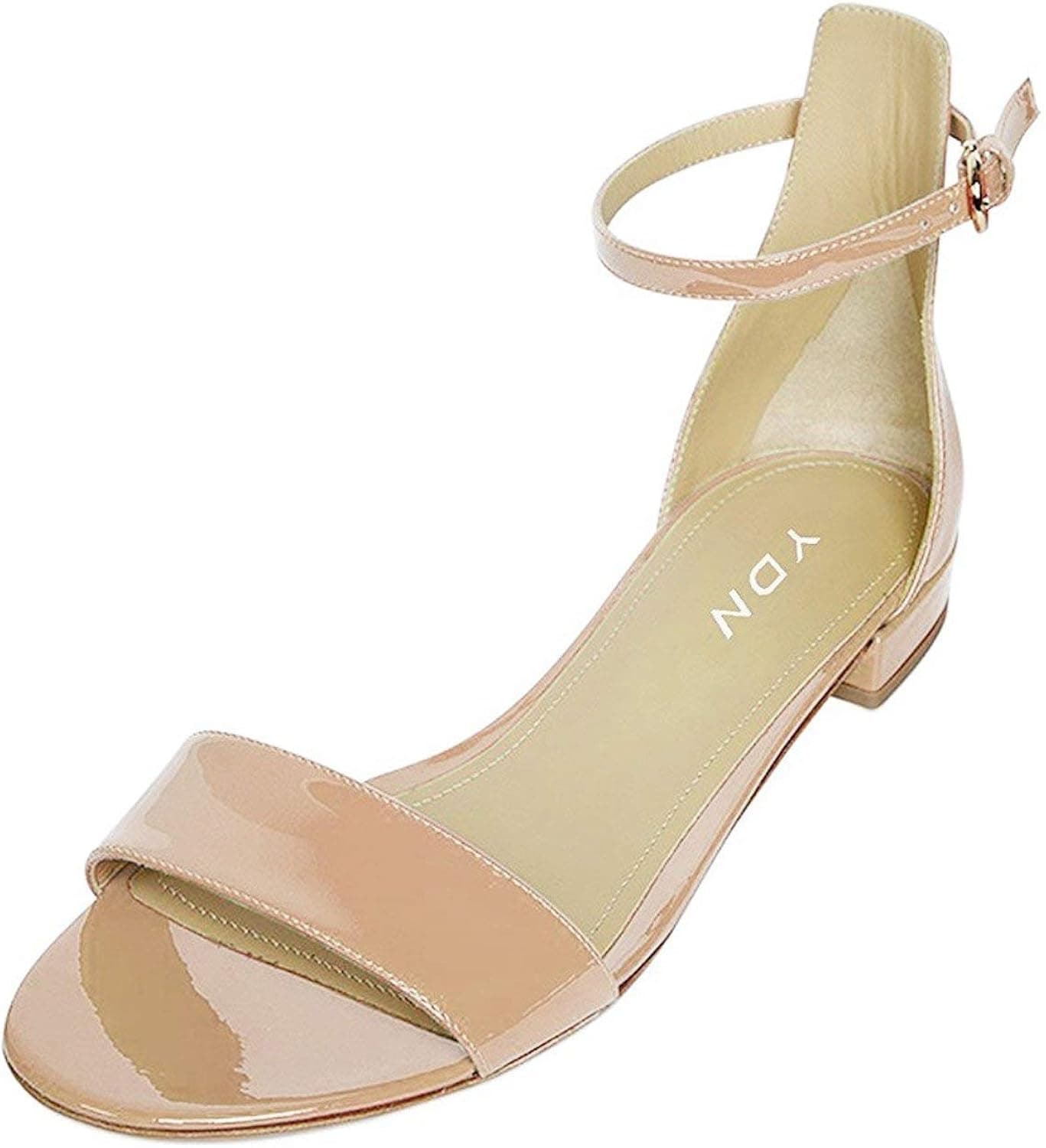 YDN Chic Block Low Heel Sandals Open Toe Ankle Strap Patent Comfortable Walking Dress for Women Flat Shoes Nude 7