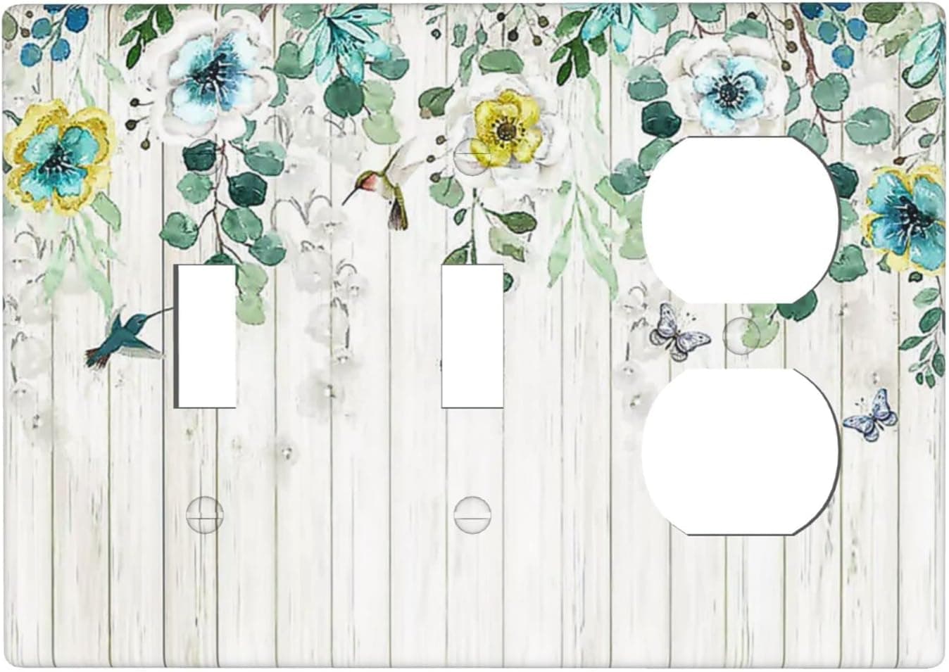 Wood Floral Green Leaves 2 Toggle/1 Duplex Outlet Light Switch Cover Decorative 3 Gang Wall Plate Triple Switch Plates and Outlet Cover Kitchen Bedroom Bathroom Decor