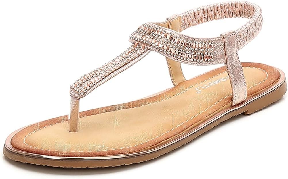 Meeshine Women Bohemia Flat Sandals Summer Beach Glitter Beads Elastic T-Strap Flip-Flop Thong Shoes