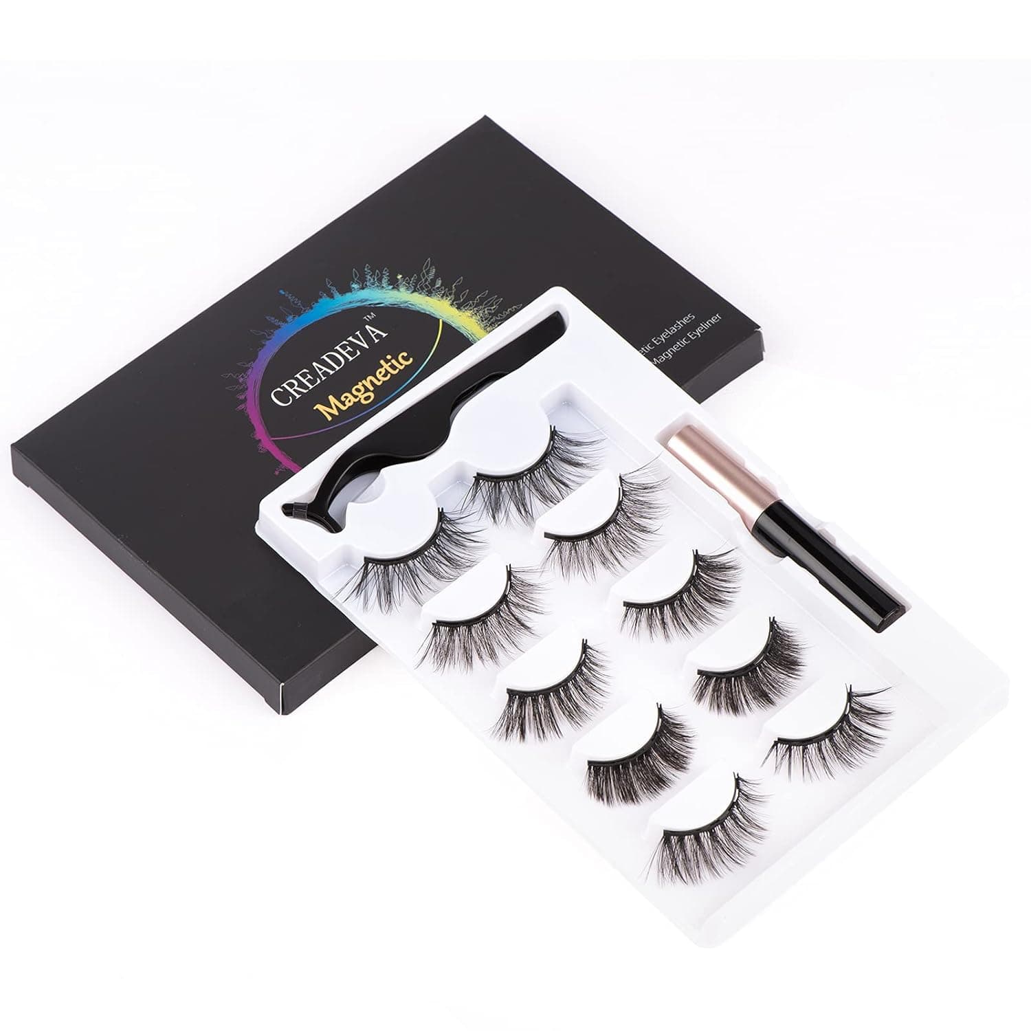 CREADEVA Magnetic Eyelashes Natural Look with Eyeliner 5 Pairs 3D Fake Eyelashes Magnetic Kit with Tweezers, Waterproof Reusable Multi Styles Long Lasting False Eyelashes Magnetic Lashes Easy to Wear
