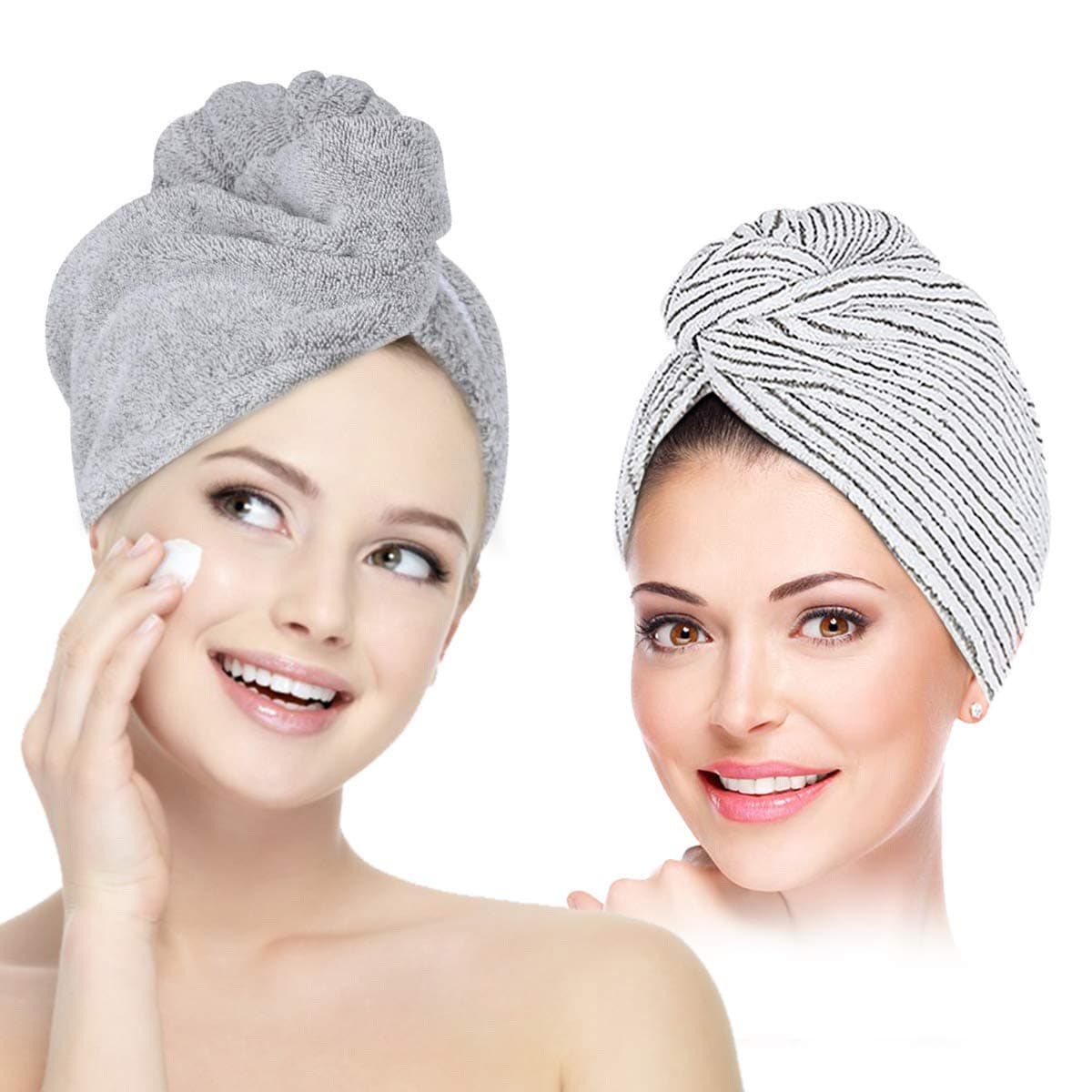 Microfiber Hair Towel Wrap Turban, UQXY Super Absorbent Anti-Frizz Hair Drying Towels Cap for Curly, Long and Thick Hair (Grey&White)