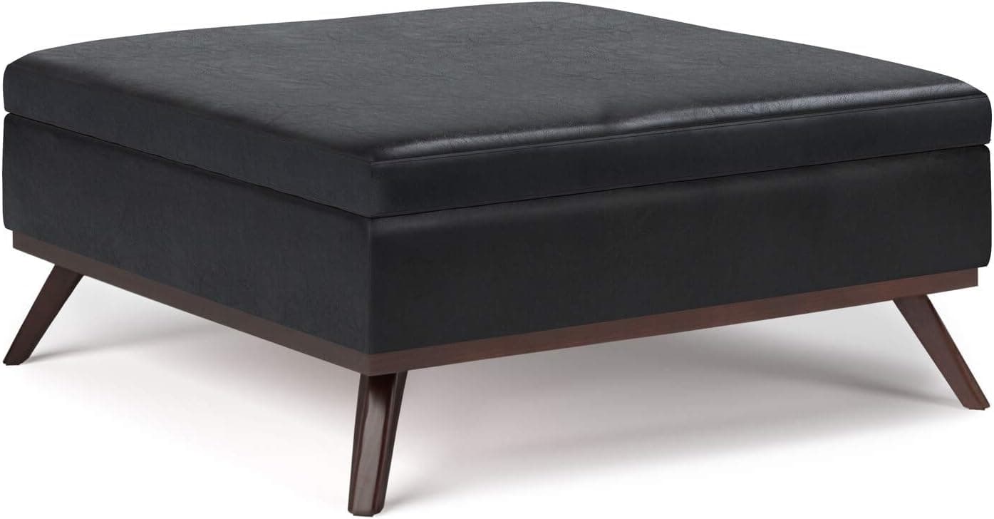 SIMPLIHOME Owen 36 inch Wide Square Coffee Table Lift Top Storage Ottoman, Cocktail Footrest Stool in Upholstered Midnight Black Faux Leather, Mid Century Modern, Living Room