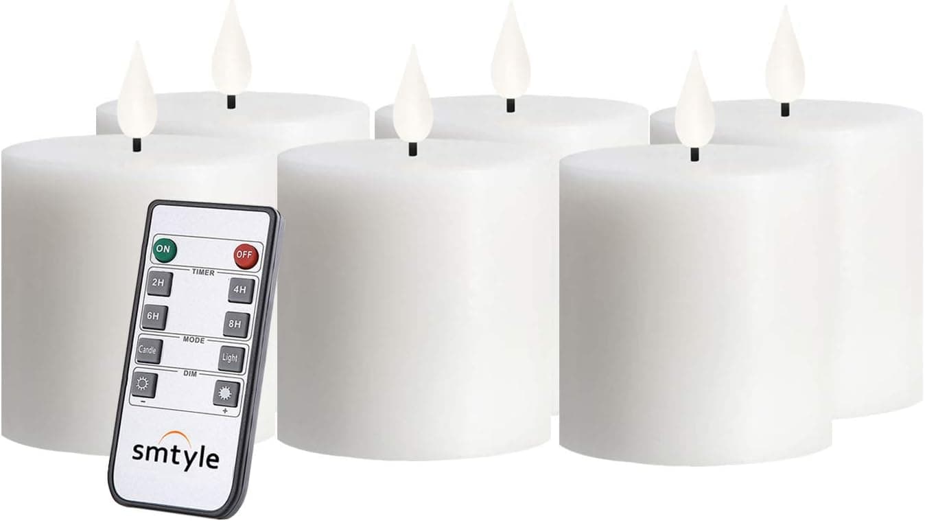 smtyle White Flameless Pillar Candles Set of 6 Led Candles with Battery Operated Realistic Fire Warm Atmosphere