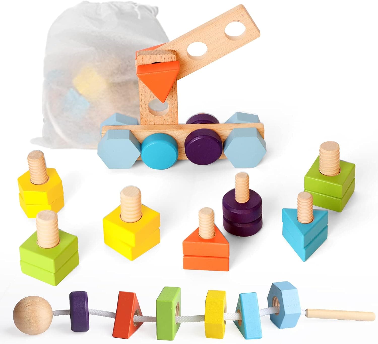 Abellzos Wooden Lacing Beads, 30 PCS Wooden Nuts and Bolts Toys, Fine Motor Skills Montessori Toys for 2 Year Old, Lacing Toys Montessori Learning Educational Game for Boys Girls