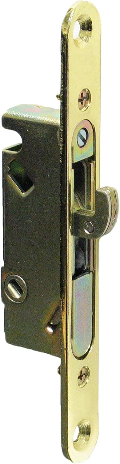 FPL #3-45-S Sliding Glass Door Replacement Mortise Lock with Adapter Plate, 5-3/8” Screw Holes, 45 Degree Keyway- Polished Brass Finish