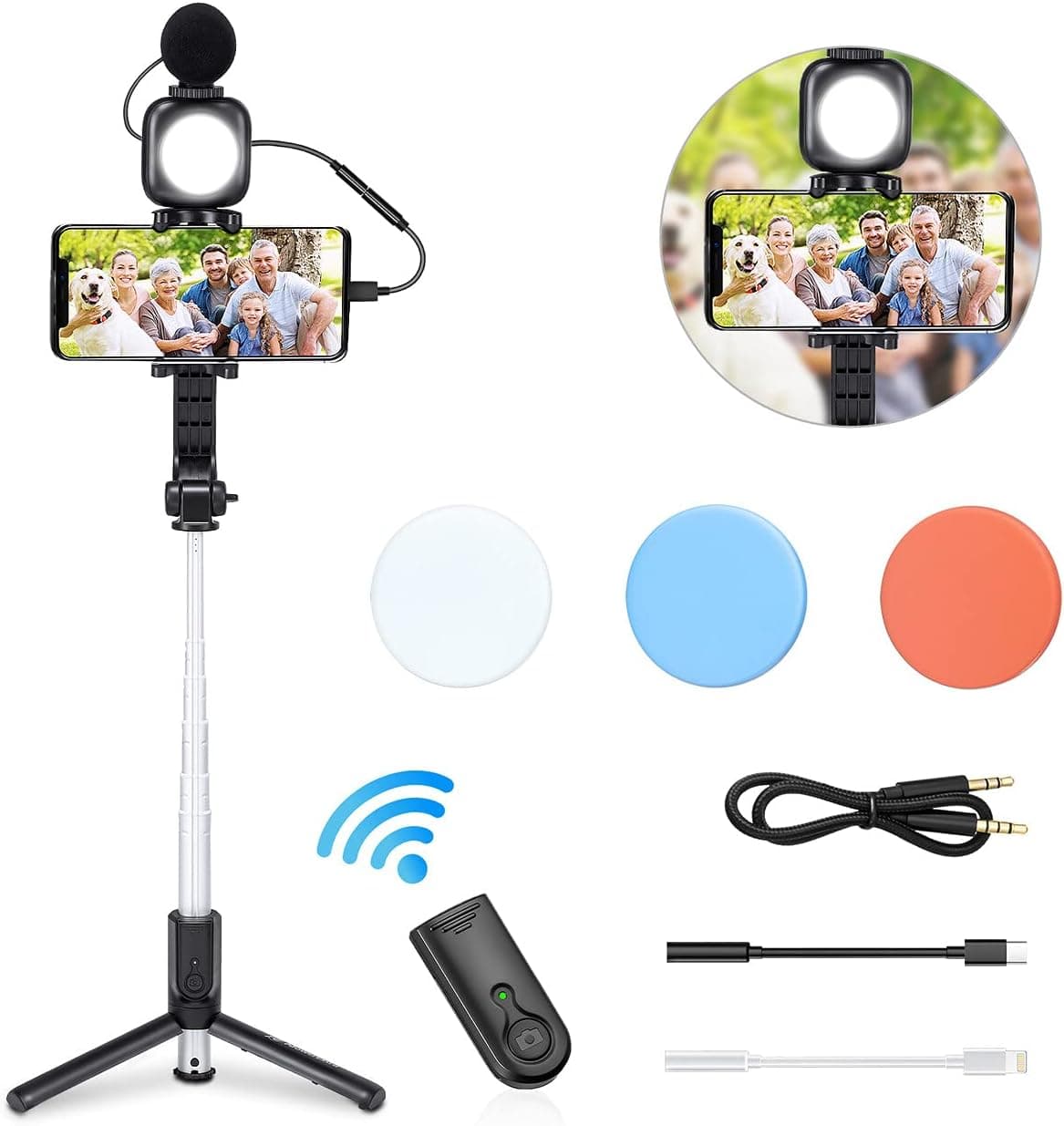 Powerextra Smartphone Kit for Phone Video Recording with Tripod, Grip, Wireless Lavalier Microphone, LED Light and Remote for-TikTok, YouTube,Filming, Vlogging Equipment for iPhone Android
