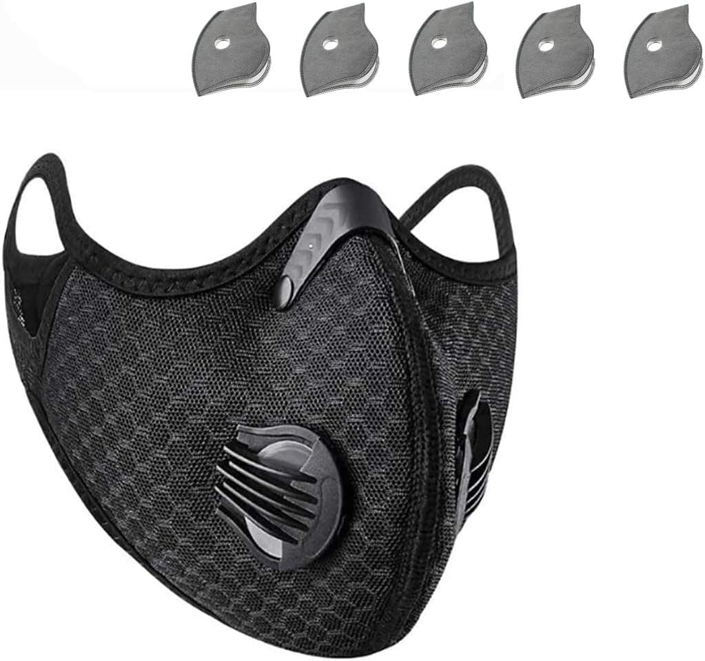 CETOOM Adjustable Reusable Washable Dust Protect Mouth Cover with 5 Carbon Filters and 2 Breathing Valves for Bicycle Running Riding Cycling Outdoor Sport Black