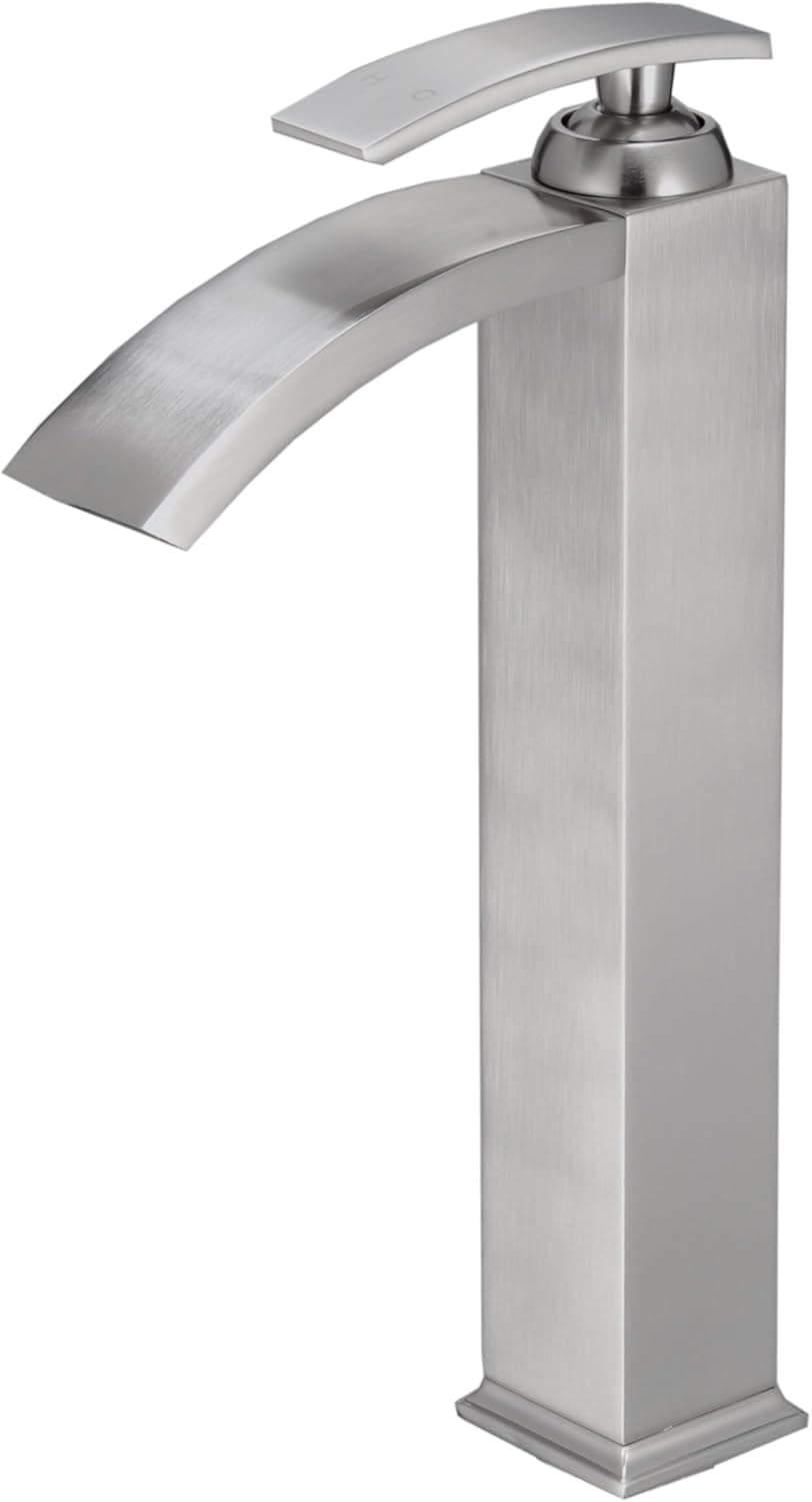 BWE Waterfall Spout Single Handle One Hole Bathroom Vessel Sink Faucet Nickel Brushed Tall body Deck Mount