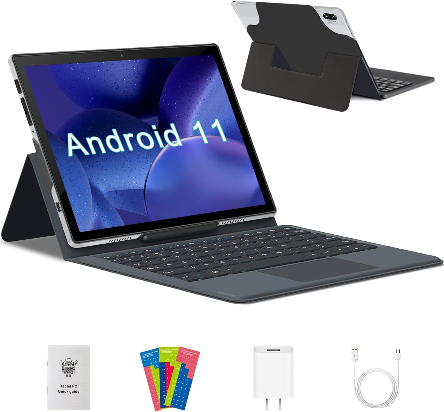 2023 Newest Android 11.0 Tablet, 2 in 1 Tablet 10 Inch, 5G Dual WIFI Tablet with Keyboard, 64GB ROM + 6GB RAM, 256GB Expand, Quad-Core Processor, 2 Card Slot, 13MP Camera, WIFI/ Bluetooth/OTG - Silver