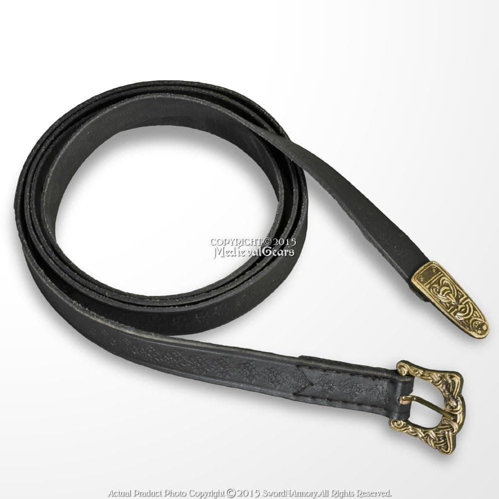 Medieval Gears Brand Black Engraved Viking Leather Belt Brass Buckle for Medieval Renaissance Costume