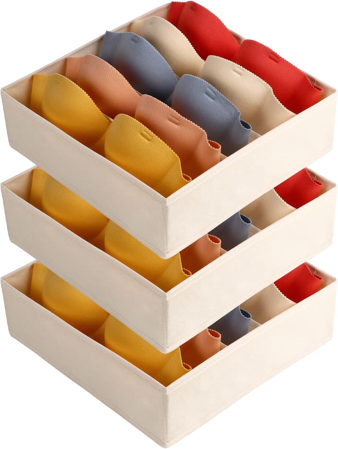 SEVENDOME 3 Pack Bra Fabric Underwear Organizer Dividers,5 Cell Foldable Drawer under cabinet organizer Storage Boxes for Sock,Underwear, Creamy-White