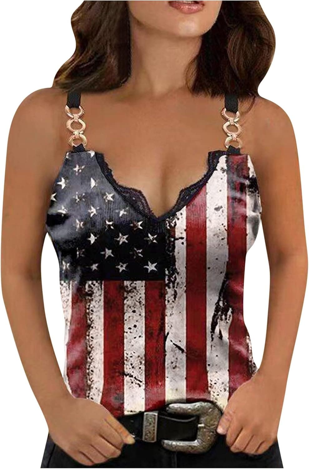 Summer Tank Tops for Women, Womens USA Print Lace Trim V Neck Slim Sleeveless Blouse Cami Tank Tops