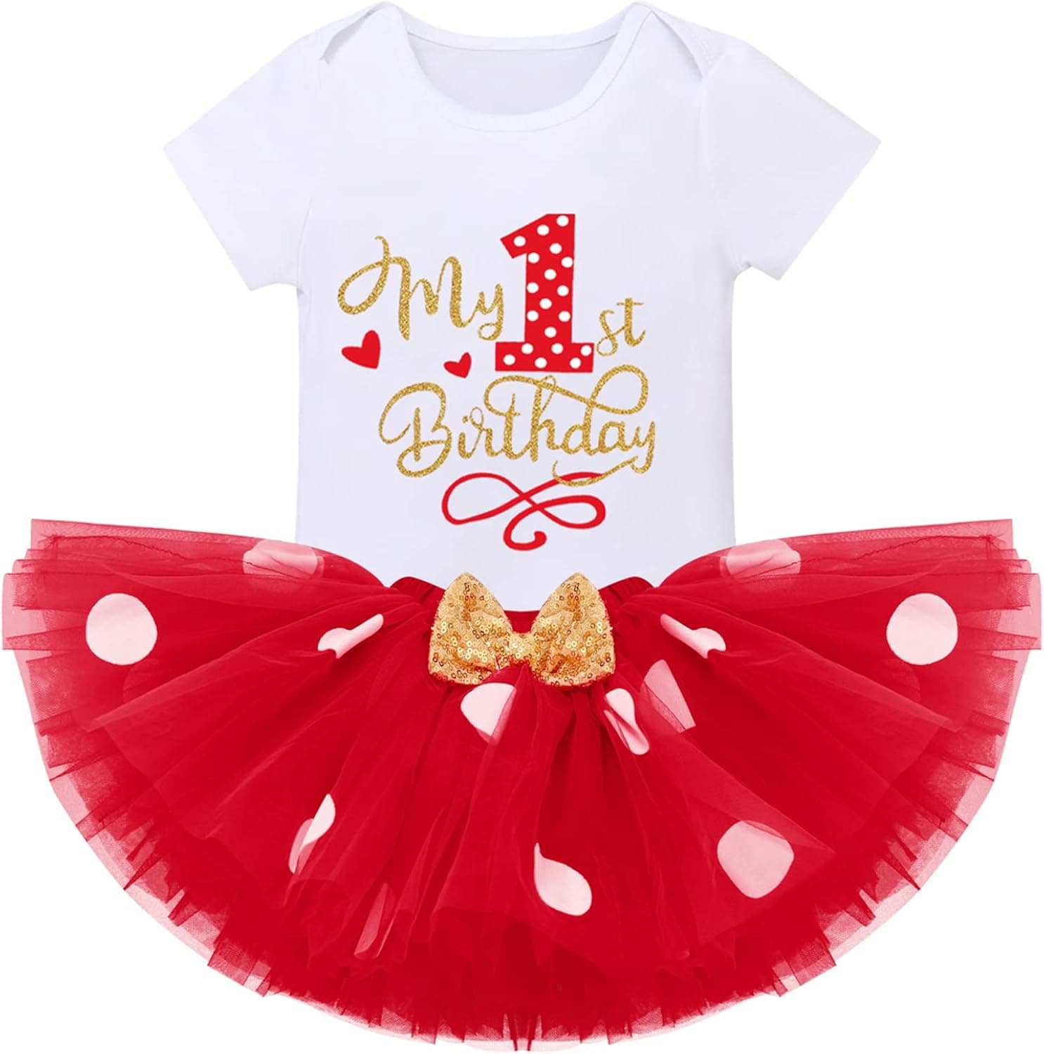 Baby Girls 1st Birthday Outfit Polka Dots ONE Romper Tutu Skirt Mouse Ears Headband Cake Smash Costume for Photo Shoot