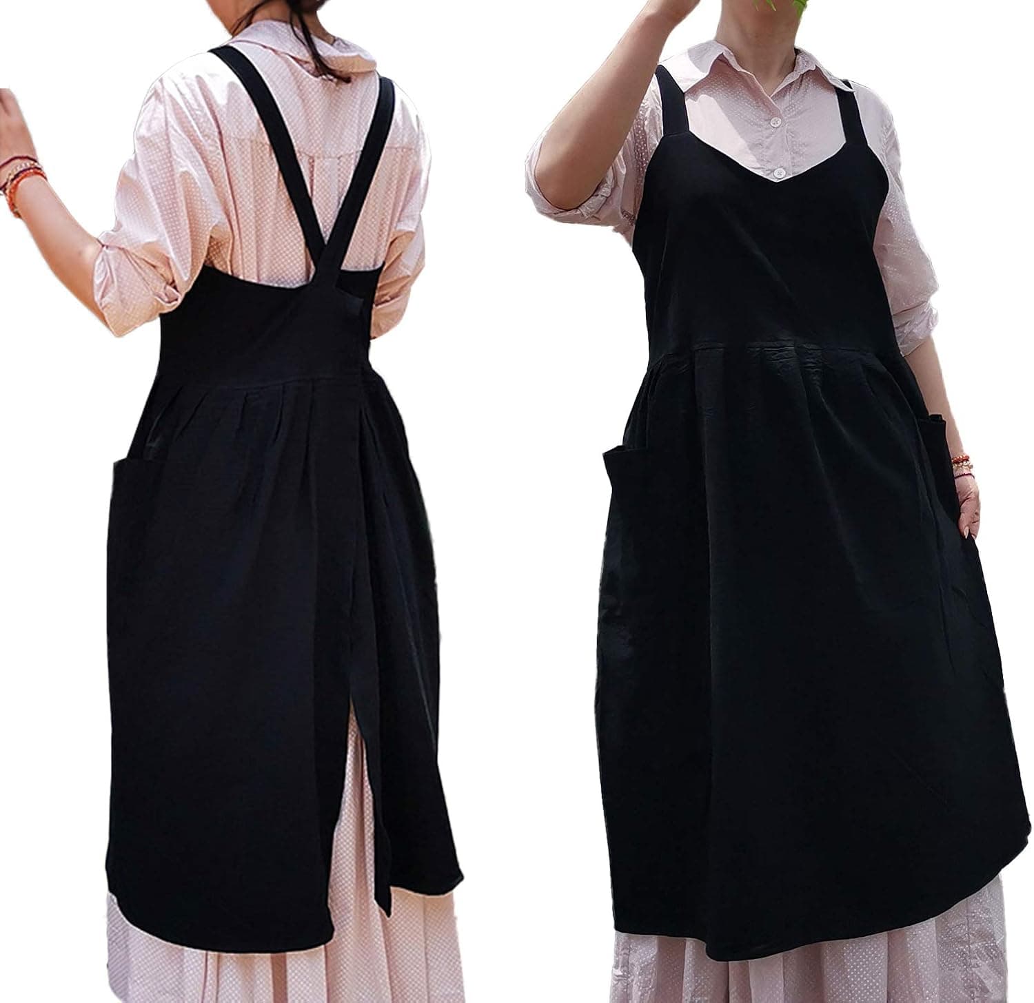 losofar Women Girls V-neck Cotton Apron Gardening Works X Back Smock Aprons Pinafore Dress