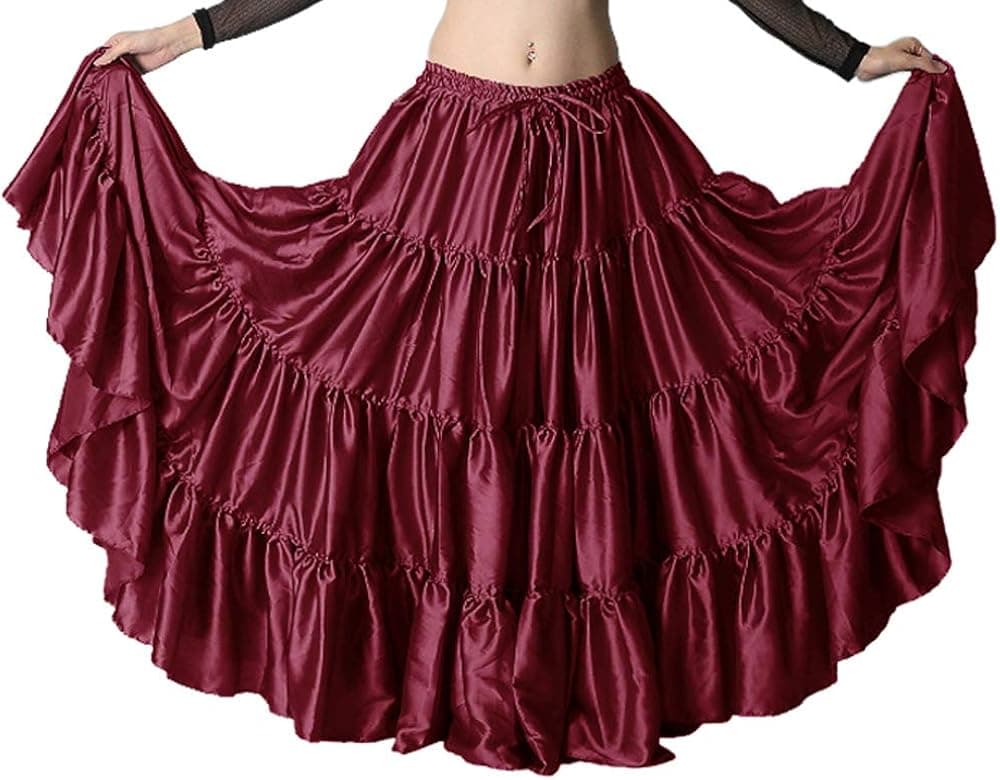 Indian Trendy Women's Satin 12 Yard 4 Tiered Gypsy Belly Dance Skirt Flamenco