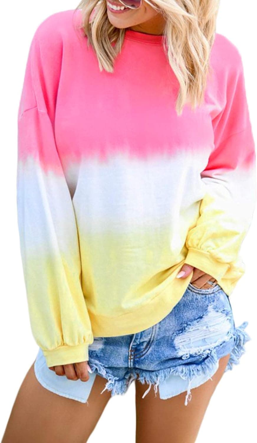 Biucly Womens Fashion Crewneck Sweatshirts Casual Long Sleeve Pullover Tops
