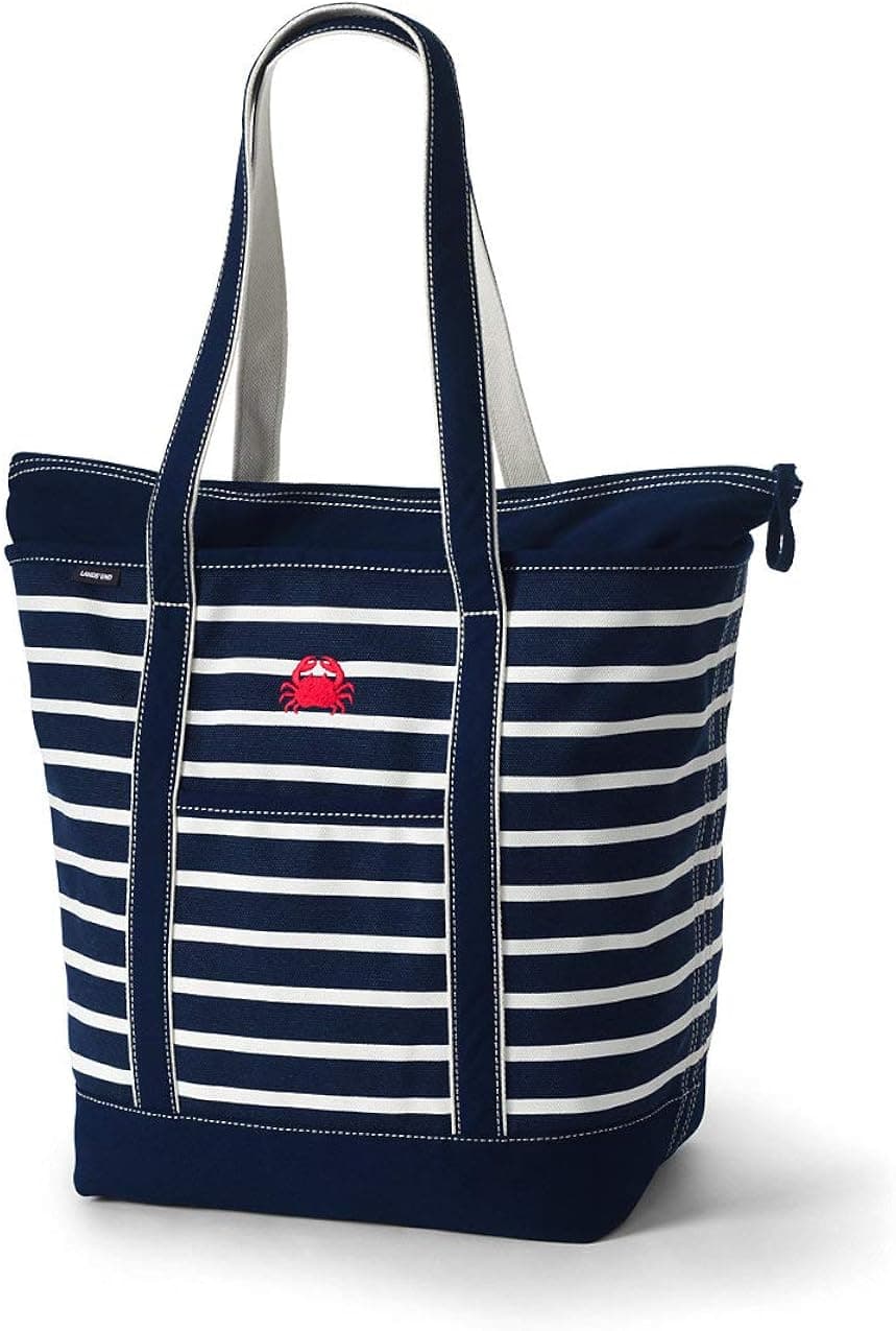 Lands' End Print Long Handle Zip Top Canvas Tote Deep Sea Wide Stripe No SzLarge
