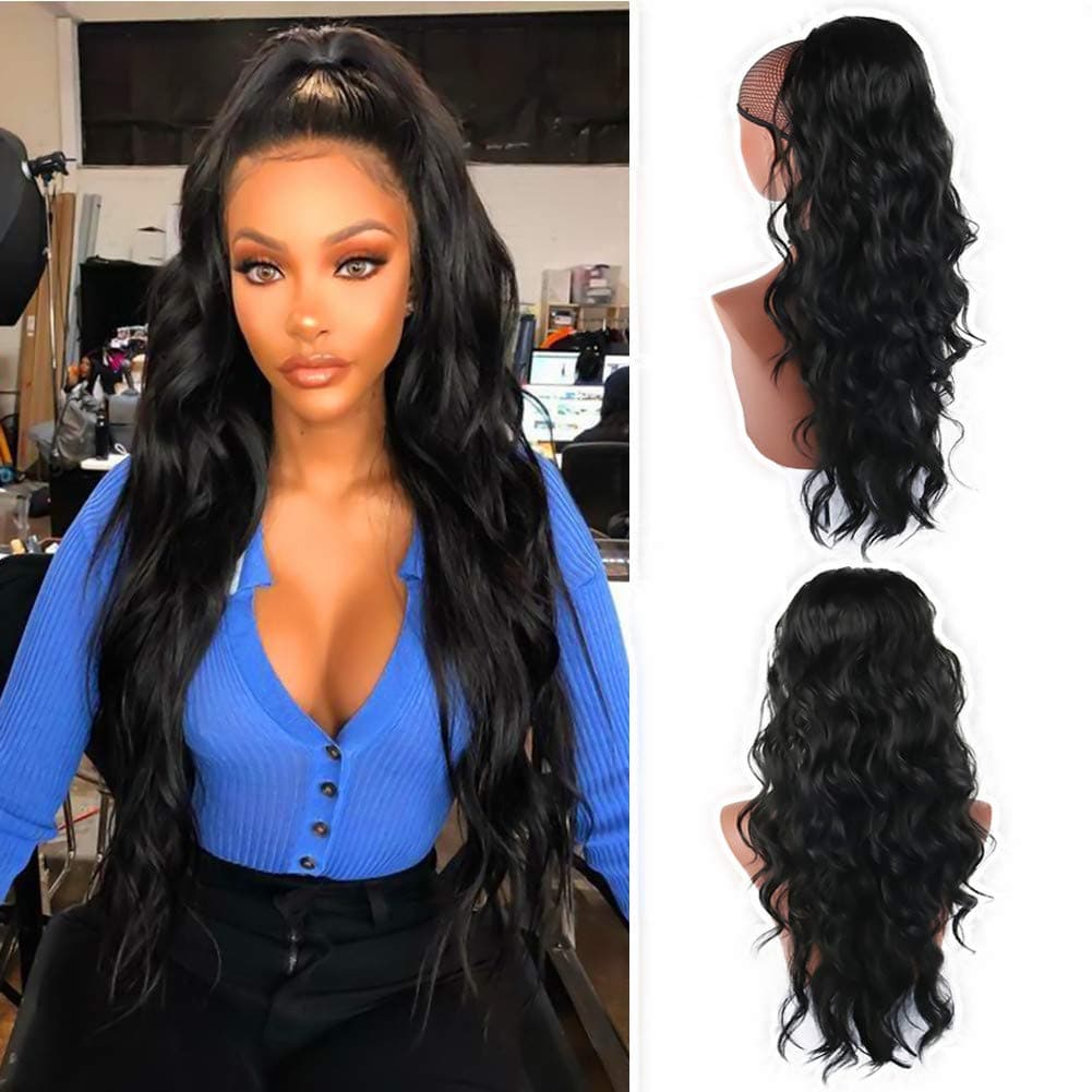 KRSI 24inch Body Wave Pontail Heat Resistant Synthetic Long Loose Wavy Drawstring Ponytail Balck Hair Extension for Black Woman
