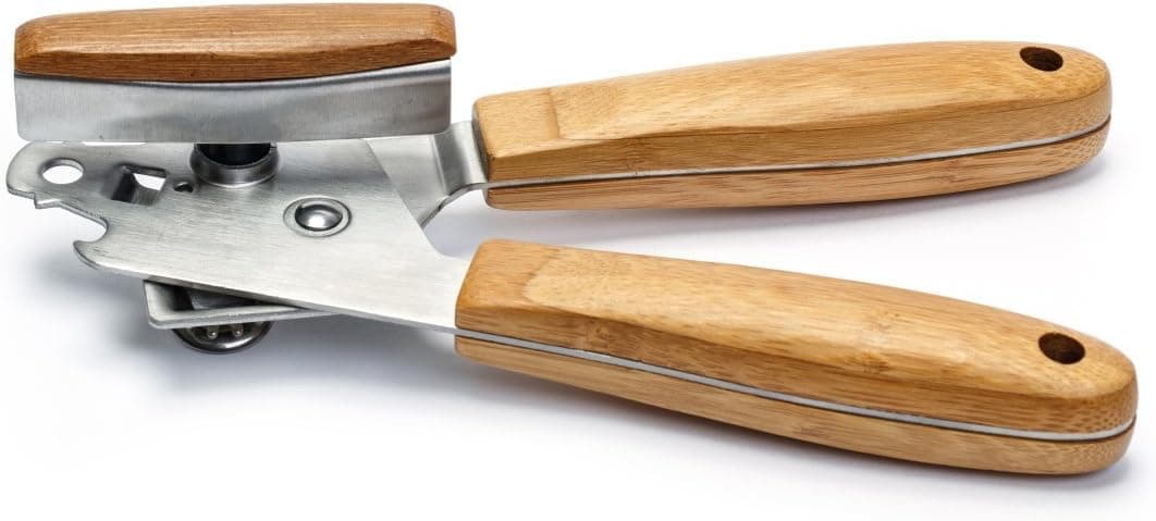 Manual Can Opener - Stainless Steel with Bamboo Wooden Handle - Kitchen Accessory Attached Bottle Opener Tool
