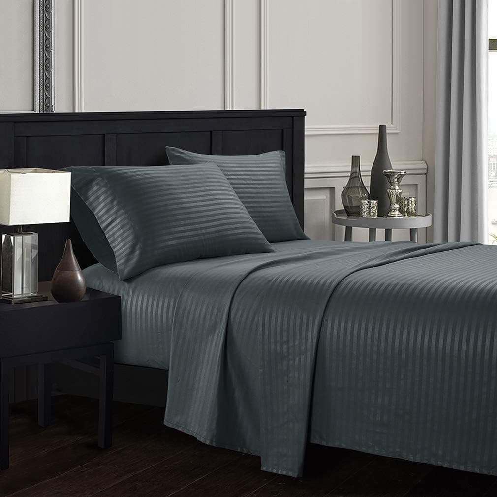 chifave 4-Piece Bed Sheets Set Dobby Stripe Deep Pocket Sheet, 1 Fitted, 1 Flat, 2 Pillowcases (Grey, Queen)
