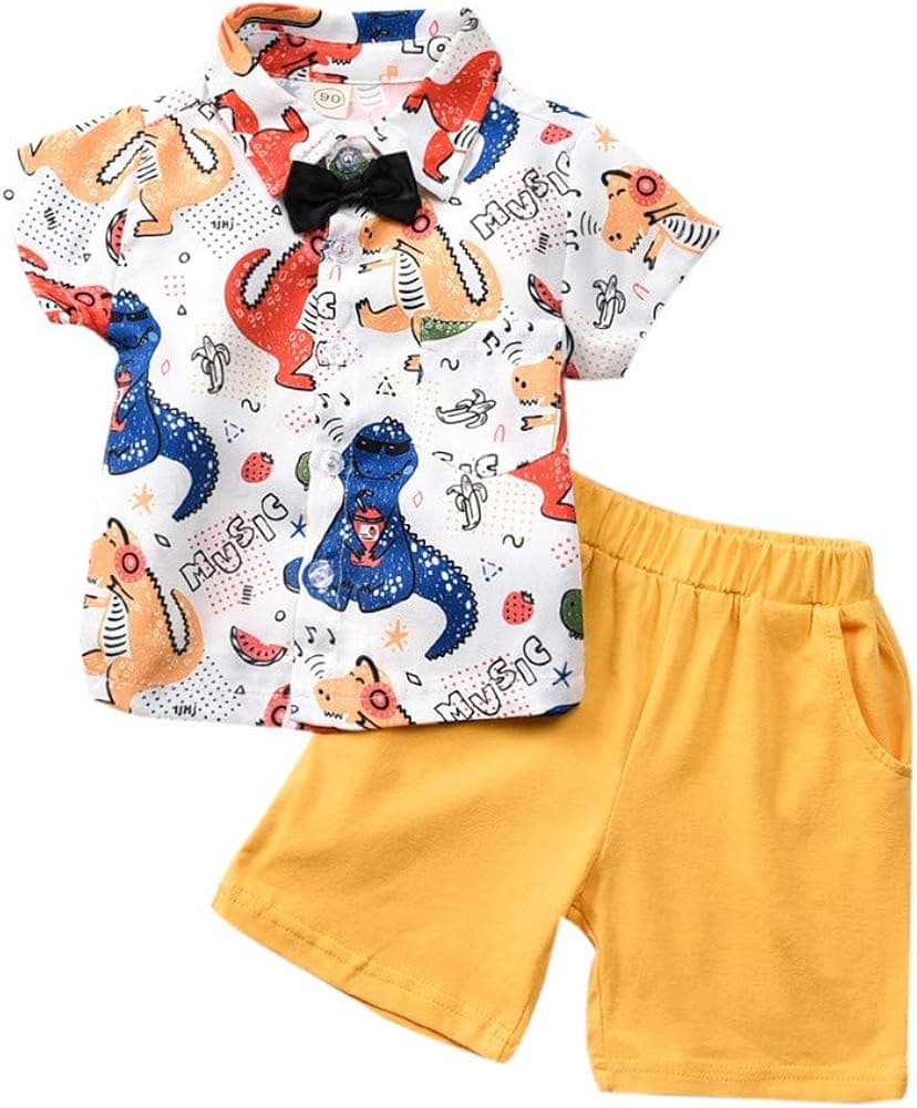 Toddler Baby Boys Summer Outfits Animal Print Short Sleeve Shirt Blouse + Shorts Pants Gentlemen Clothes Set