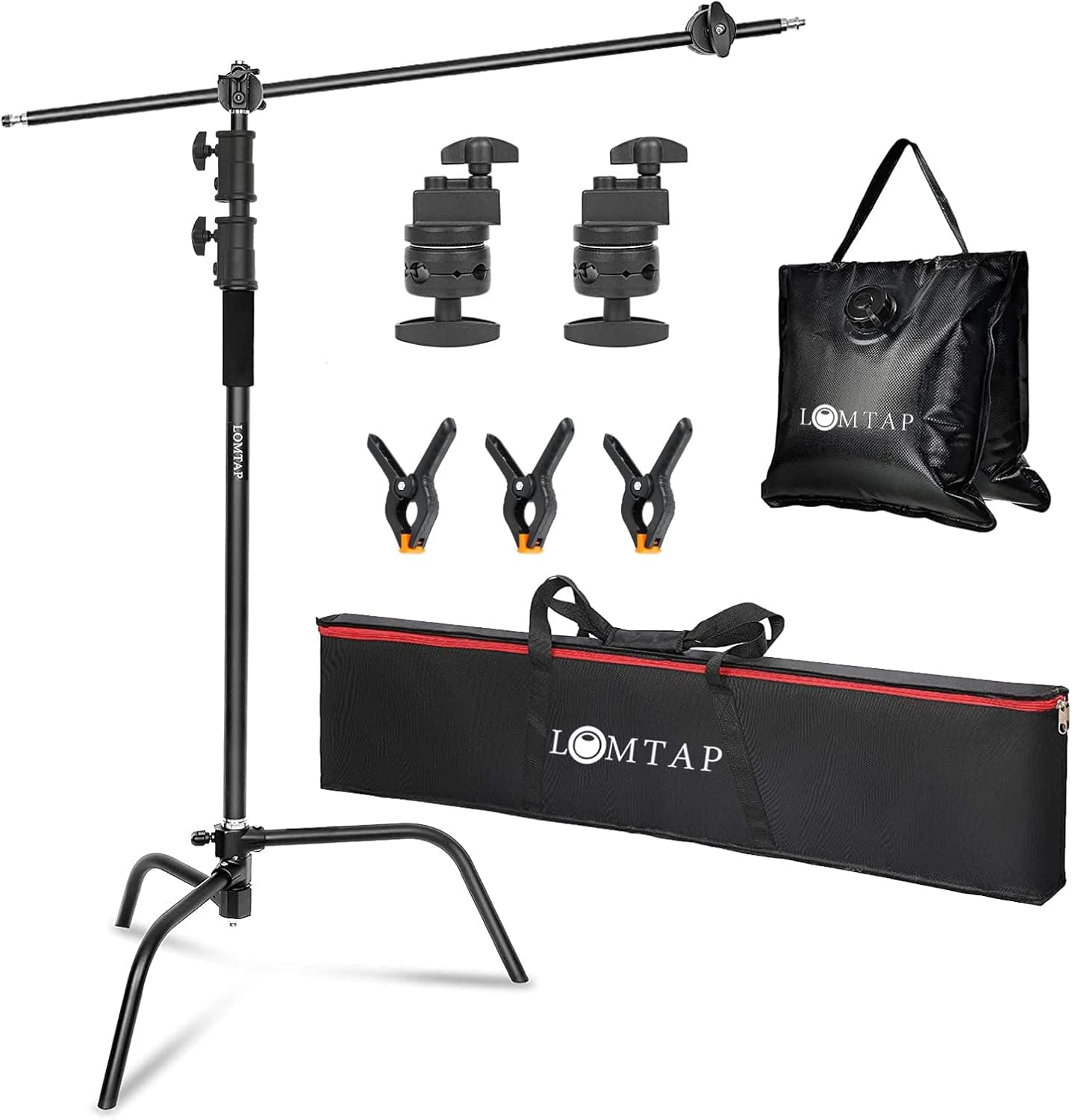 LOMTAP C Stand Light Stand Photography Kit - Heavy Duty 10.8ft/330cm Vertical Pole, 4.2ft/128cm Boom Arm, Upgraded Adjustable Base, Water Sandbag, 2 Grip Heads, 3 Clips - Century Stand for Softbox