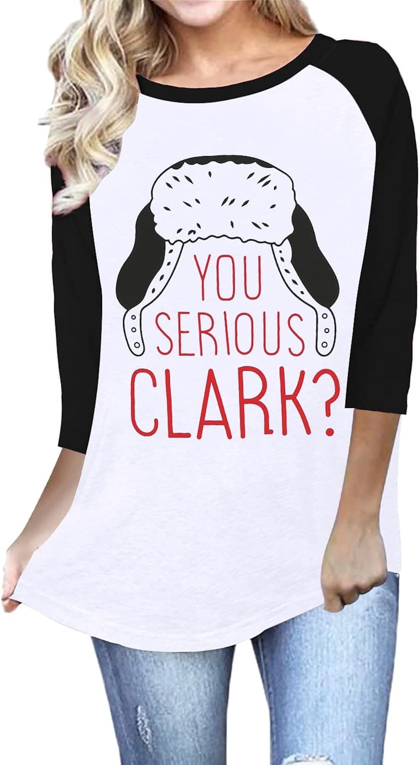 NANYUAYA Christmas Shirts for Women You Serious Clark Santa Hat Graphic Tshirt 3/4 Raglan Sleeve Baseball Tee Tops