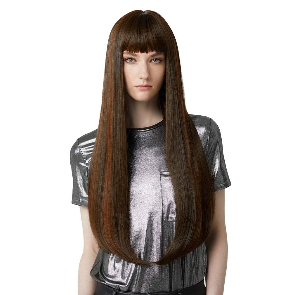 REECHO 28" Super Long Straight Wig with bangs Synthetic Hair for Women Cosplay Color: Brown with Auburn Highlights