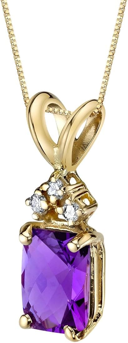 Peora Solid 14K Yellow Gold Amethyst and Diamonds Pendant for Women, Genuine Gemstone Birthstone Solitaire, Radiant Cut, 7x5mm
