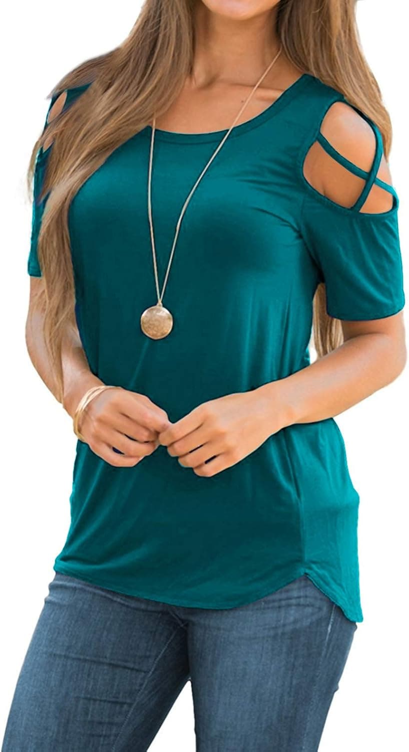 iGENJUN Women Short Sleeve Strappy Cold Shoulder T-Shirt Tops Blouses