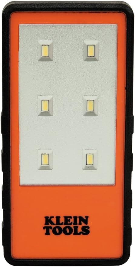 Klein Tools 56221 LED Light with Magnetized Clip, Battery Operated, Hands Free, Adjustable Brightness, Orange, for Work, Running, Camping