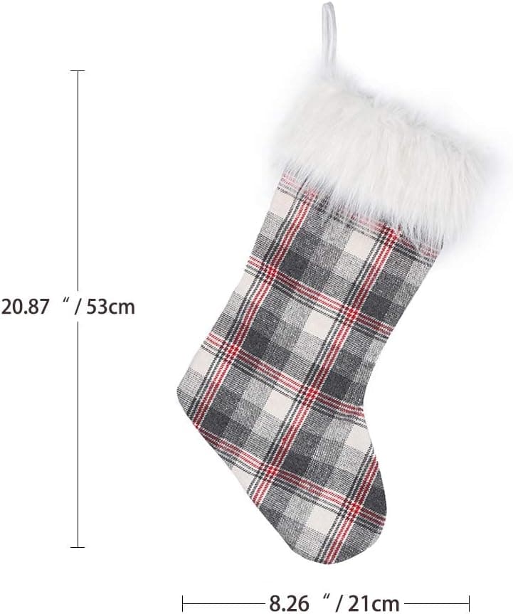 WORLDECO 2022 Personalized Christmas Stocking Ornaments, Xmas White-Grey Plaid Christmas Socks Plush Faux Fur, Home Decorations Gifts 21 inch