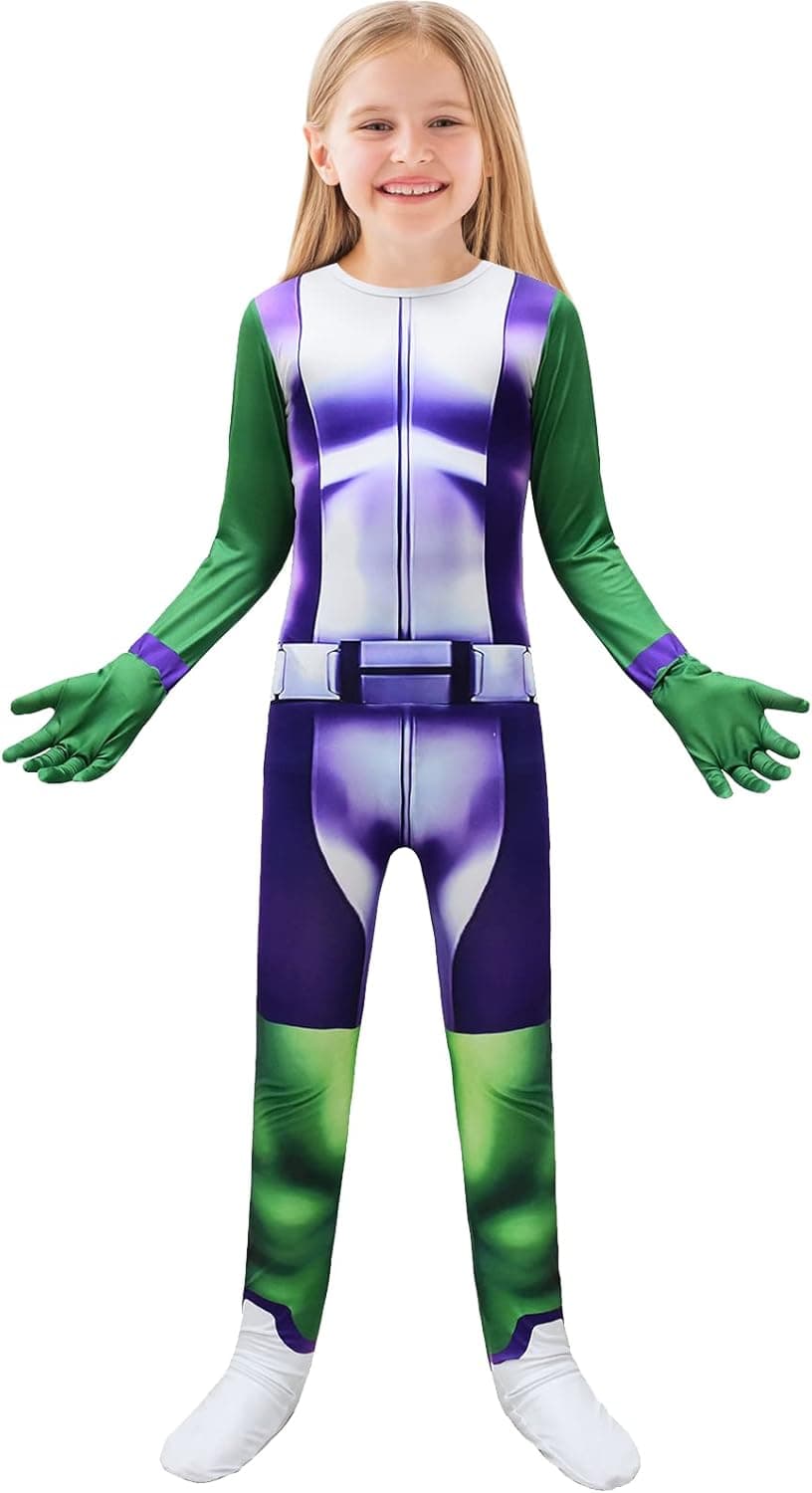 Maturead Kids Costume Jumpsuit with Green Gloves 2022 Halloween Cosplay Bodysuit Outfits for Kids Girls
