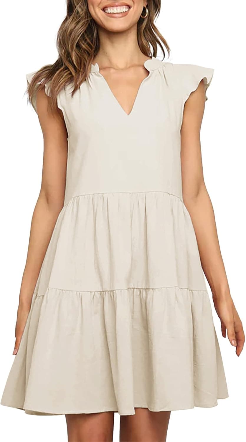 LVMGIRNC Womens Summer Mini Dress Sleeveless V Neck Flowy Tiered Ruffle Short Dresses